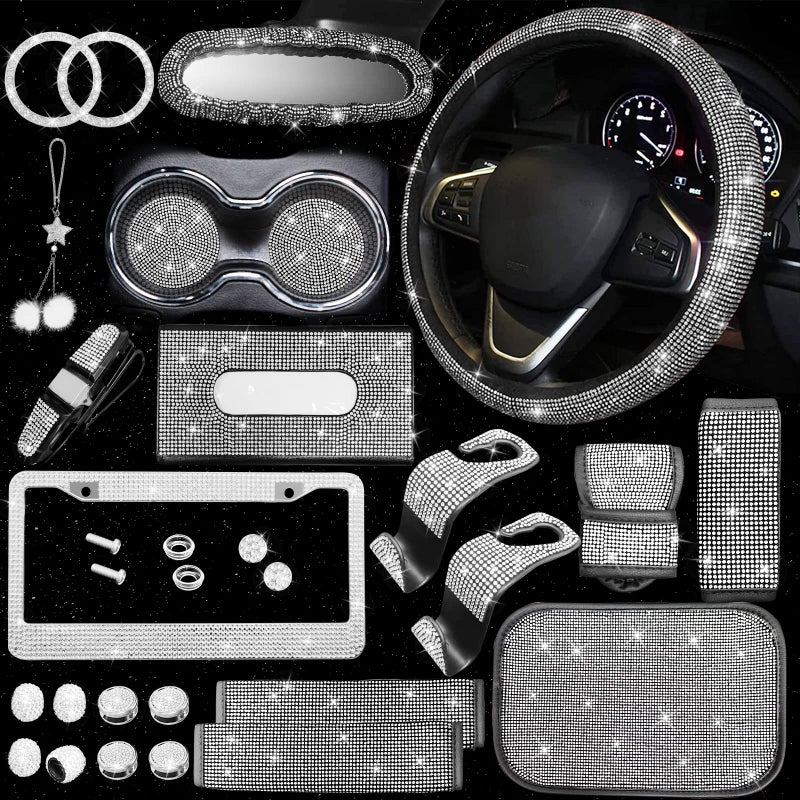 JINGSEN 25PCS Bling Car Parts Set  Car Parts Set Female Plug Universal 15 Inch  Shiny License Plate Frame  Center Console Cover and Rearview Mirror Set and Other Car Accessories(White) - Image 1